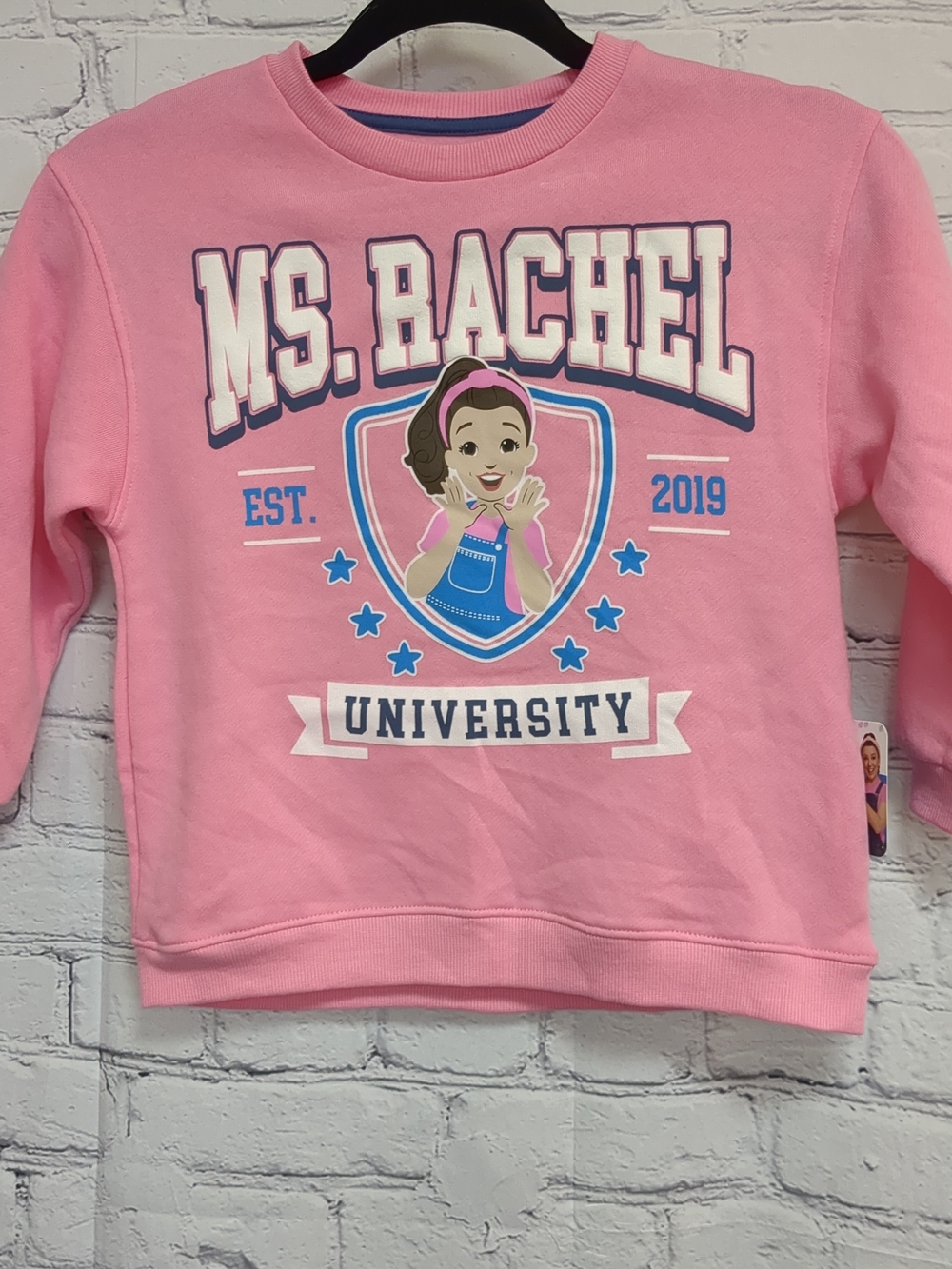 Ms. Rachel Pink Kids Sweatshirt with University Graphic and Blue Accents